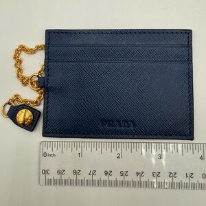 LIKE NEW Prada Navy Leather Pass Case Card Wallet w/ Gold Chain